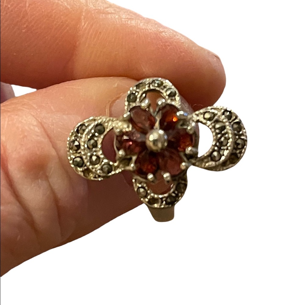 Vintage sterling silver garnet marcasite 925 fancy oblong ring - Picture 6 of 10
